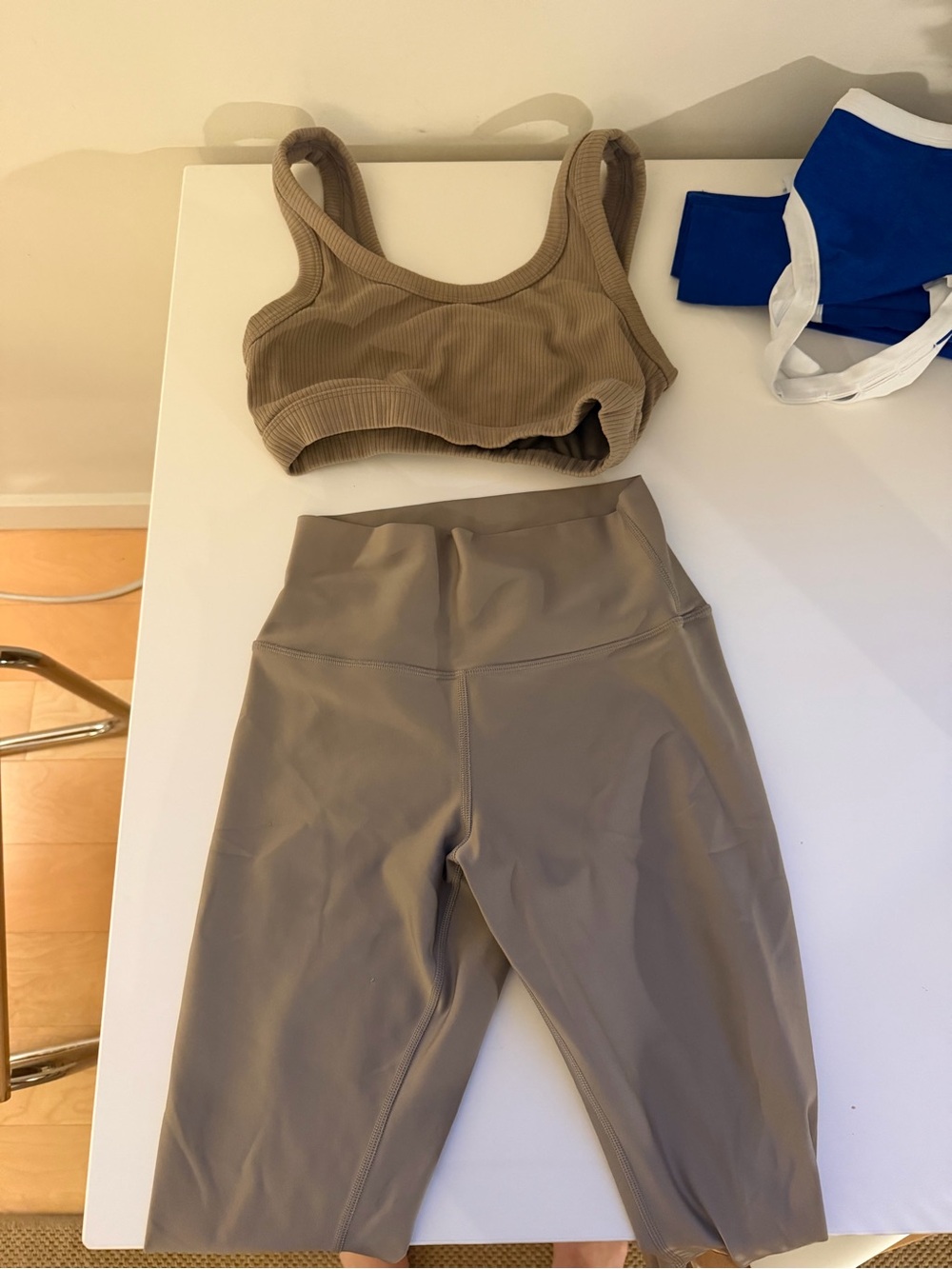 ALO Yoga Taupe Ribbed “wellness” Sports Bra and High-Waist airlift leggings